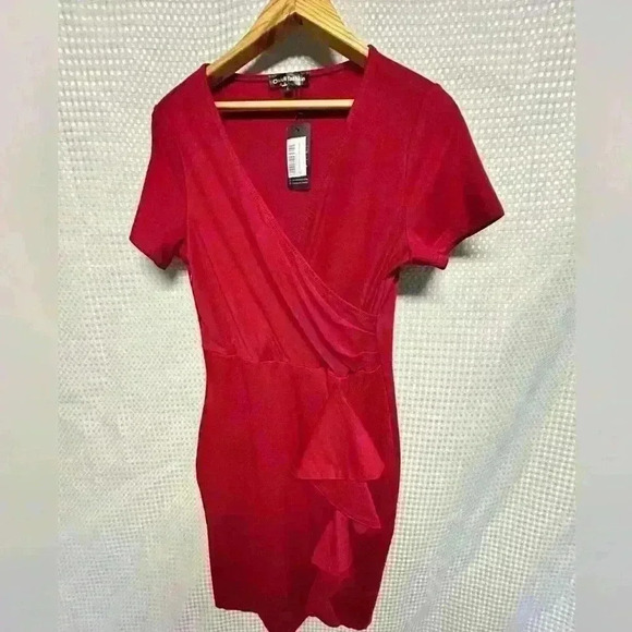 NWT! Beautiful Red Dress Oxiuly Womens V Neck, Slim Ruffle Pencil Dress Size L - Picture 8 of 11